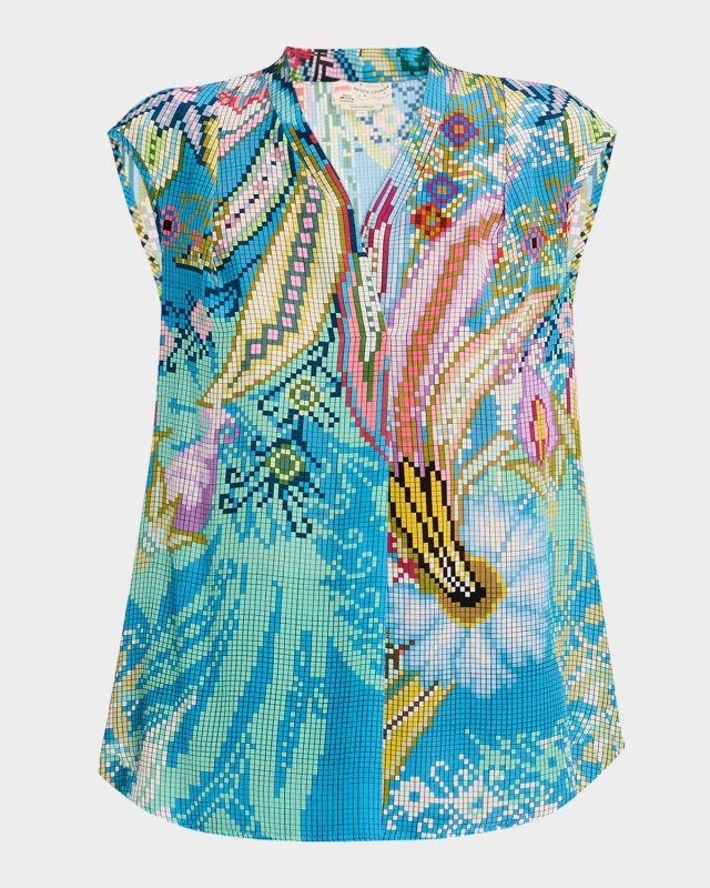 Digital-Print V-Neck Cap-Sleeve Silk Blouse